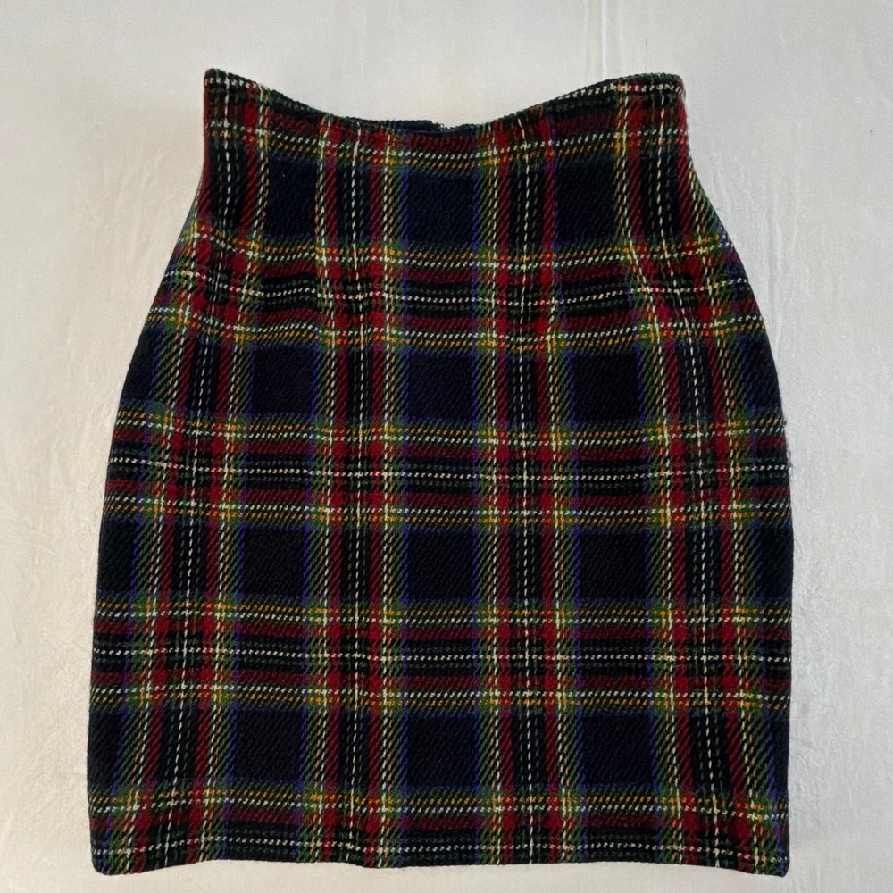 Emanuel Ungaro Women Navy Red Tartan Plaid Wool Blend Pencil Skirt Size 6/40